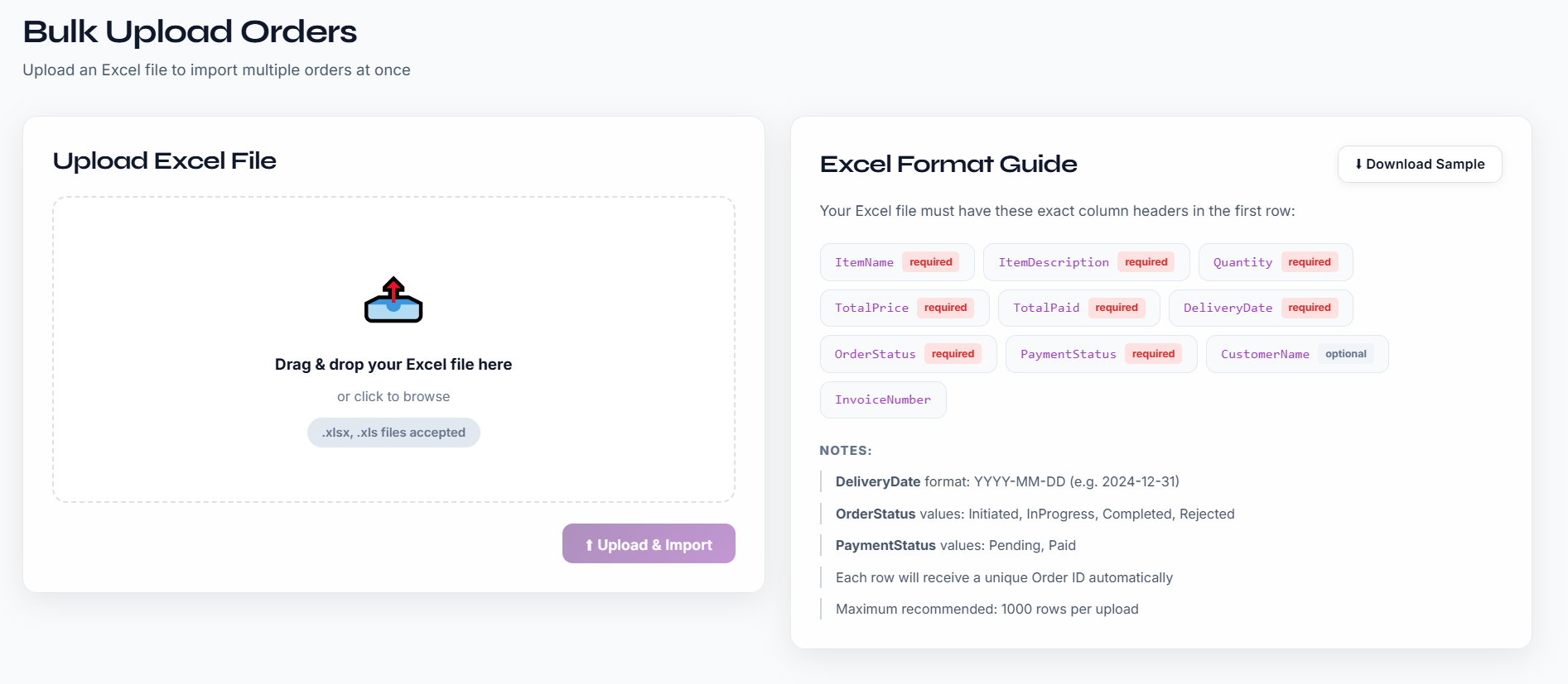 Bulk upload orders